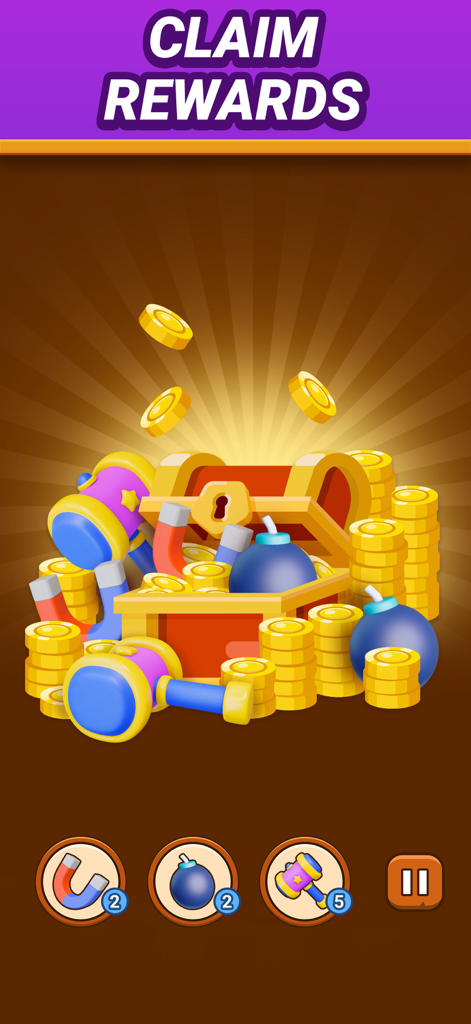 Brick Escape: Block Puzzle - A treasure chest overflowing with gold coins and game power-ups like hammers and magnets under the text claim rewards