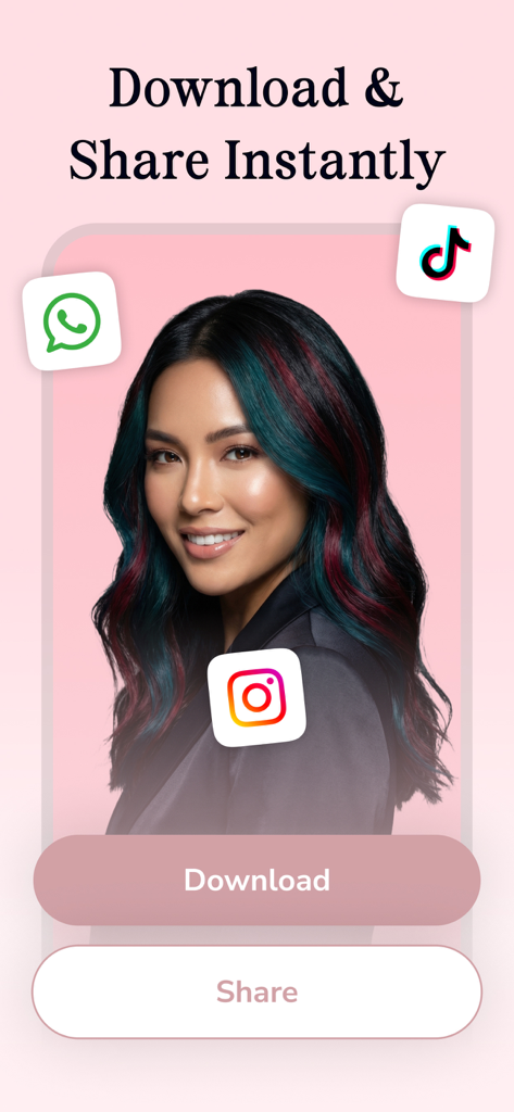 Hair Color Changer: HairHue AI - Pantalla de la aplicación HairHue AI que muestra opciones para descargar y compartir resultados de color de cabello virtual en redes sociales.