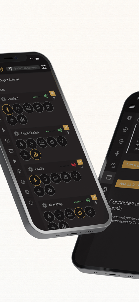 Smartphone showing the AUDAC Touch 2 app interface for managing professional audio zones like Studio and Marketing