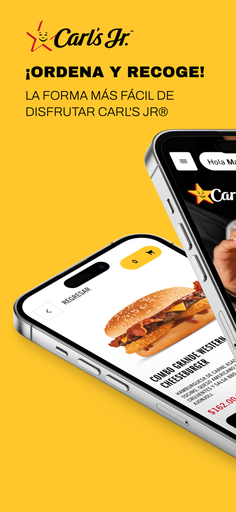 Carl's Jr. México - Tela do aplicativo Carl's Jr Mexico mostrando o menu do Western Cheeseburger e opções de retirada