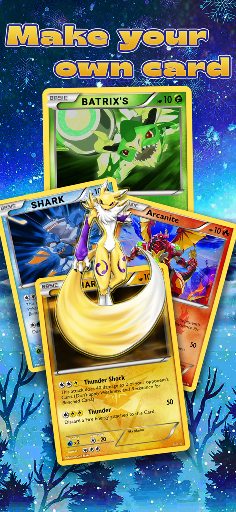 A showcase of custom pokemon cards created using the card maker app over a winter background