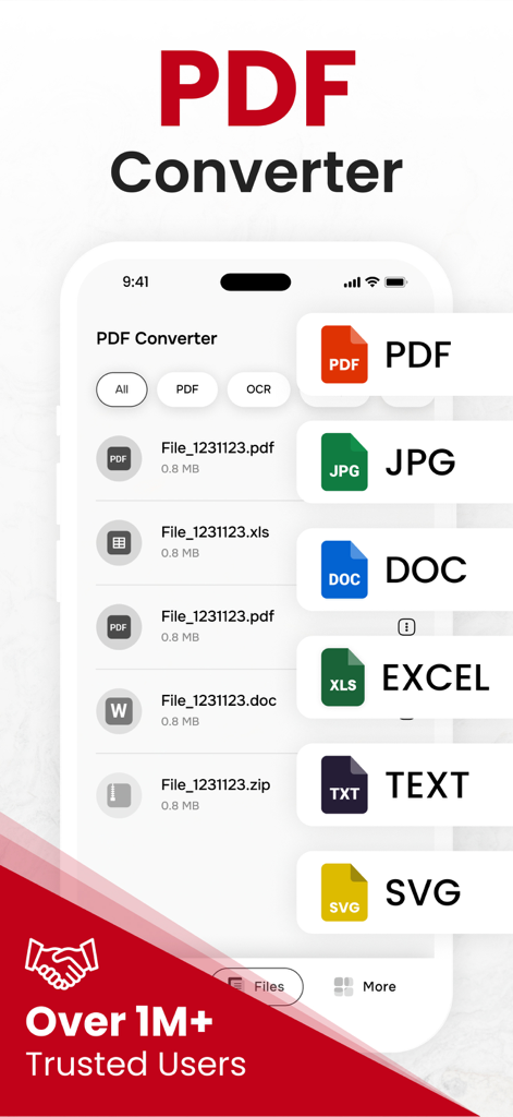 Mobile app interface of PDF Converter showing various file formats like JPG DOC and Excel being processed