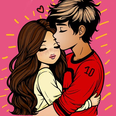 a realistic couple boy and girl hugging and kissing