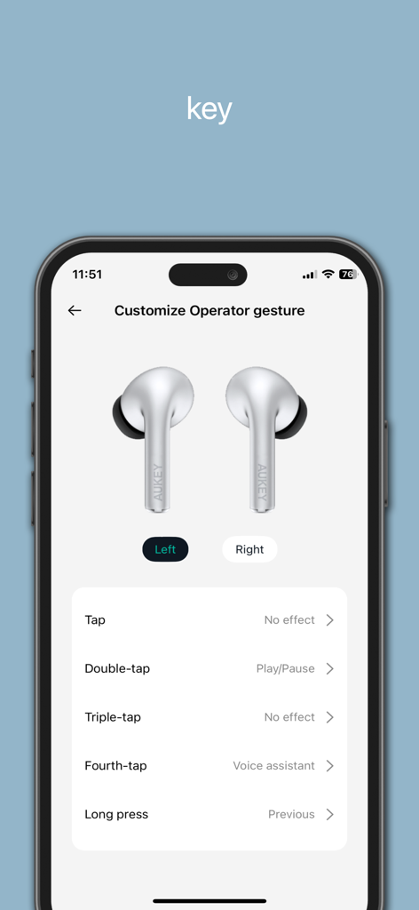 AUKEY Mate - Pantalla de la aplicación Aukey Mate para personalizar gestos táctiles en auriculares inalámbricos