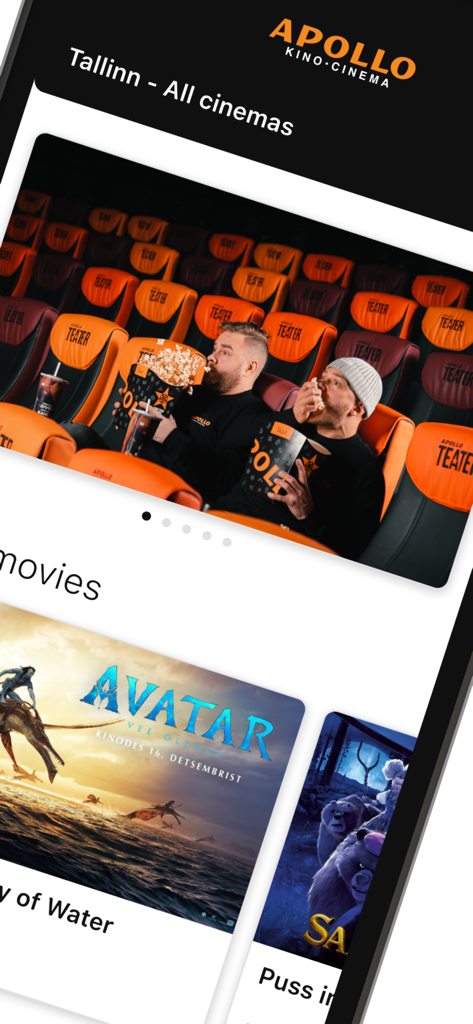 Apollo Kino Eesti - Interface of the Apollo Kino Eesti app showing movie listings and promotional cinema banners