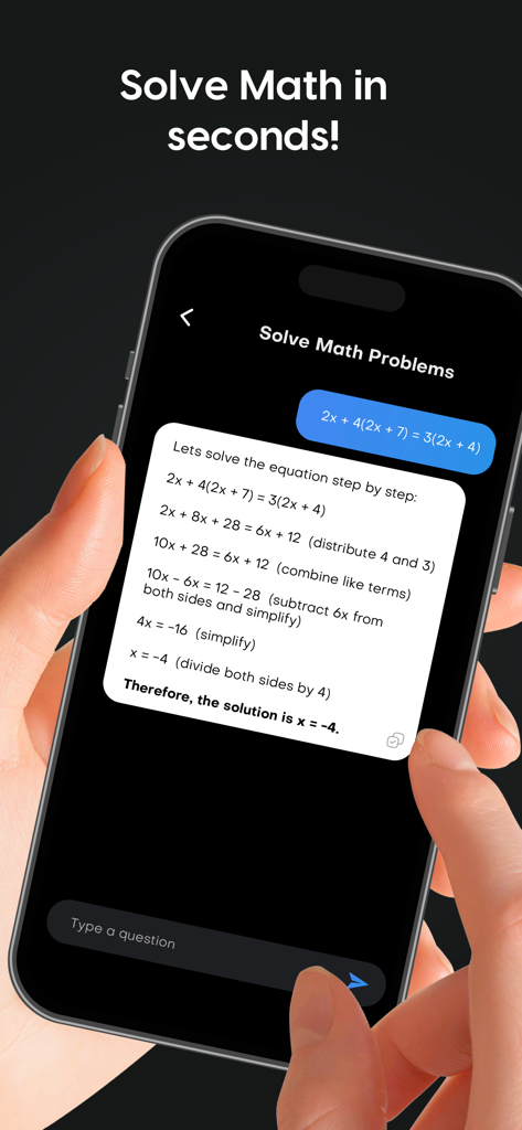 A smartphone screen showing the Pic Answer app providing a step by step math solution.