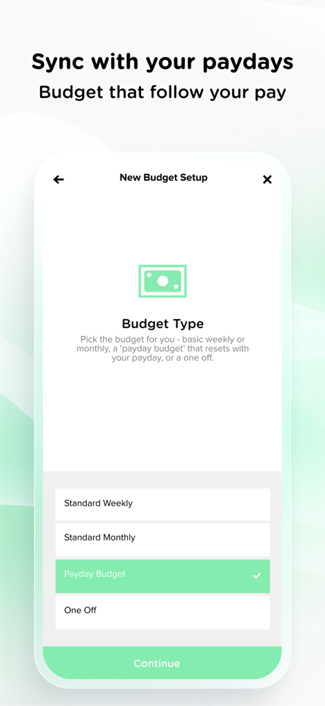 Setup screen in Pennies app for choosing a budget type that syncs with your paydays.