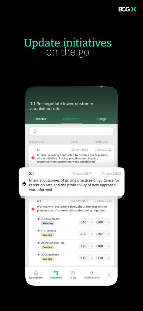 KEY Impact Management by BCG X - BCG X KEY Impact Management mobile app screenshot showing initiative roadmap milestones and financial impact metrics