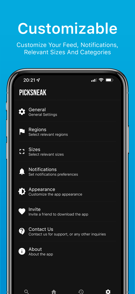 Customization menu in the PickSneak app showing options for regions sizes and notifications.
