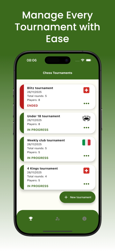 Chess Tournament Manager Pro - Una interfaz de aplicación móvil que muestra una lista de torneos de ajedrez activos y completados con diferentes formatos de juego.