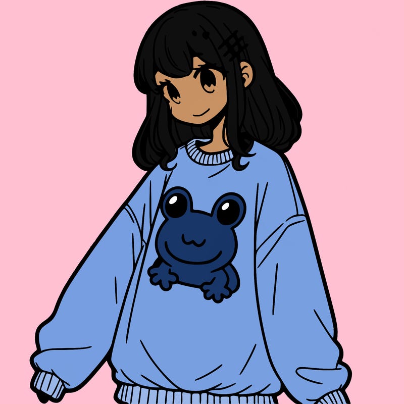 girl wearing frogging sweatshirt