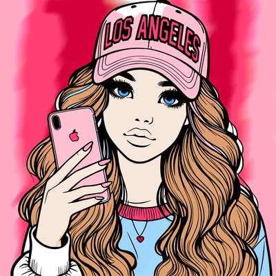 realistic beautiful girl wearing los ángeles cap holding an iphone