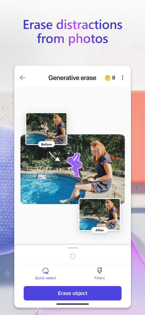 Interfaccia dell'app Microsoft Designer che mostra la funzione di cancellazione generativa per rimuovere oggetti indesiderati da una foto