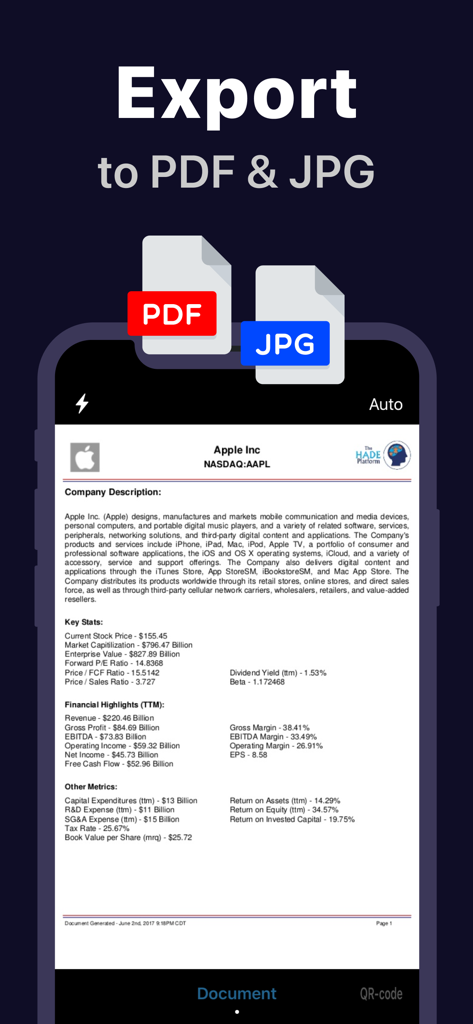Scanner App interface showing a scanned document with options to export to PDF and JPG formats.
