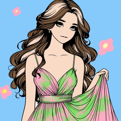 realistic girl in flowy silky prom dress