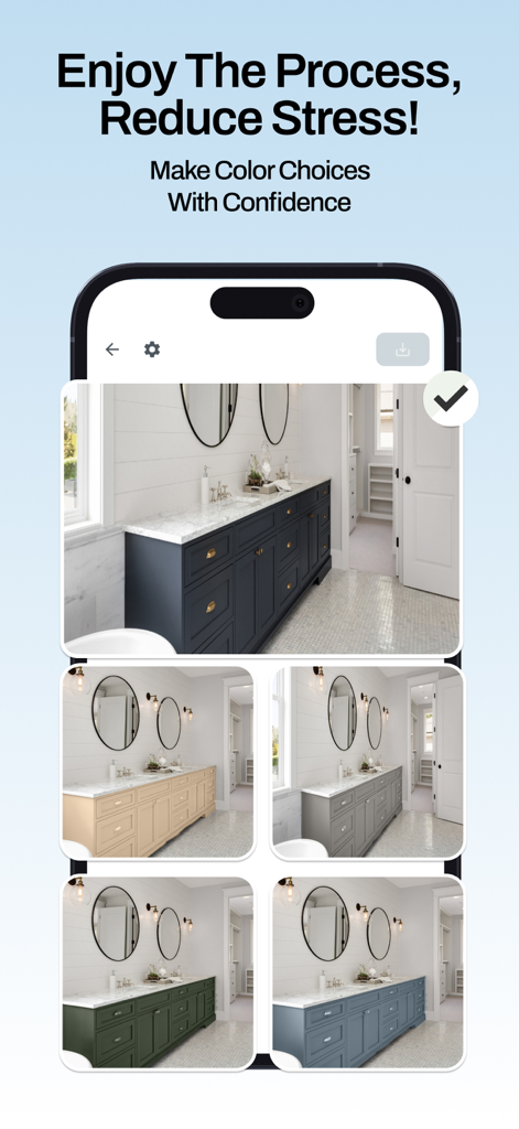 Un meuble de salle de bain présenté dans différentes couleurs de peinture à l'aide de l'outil de visualisation Paint AI