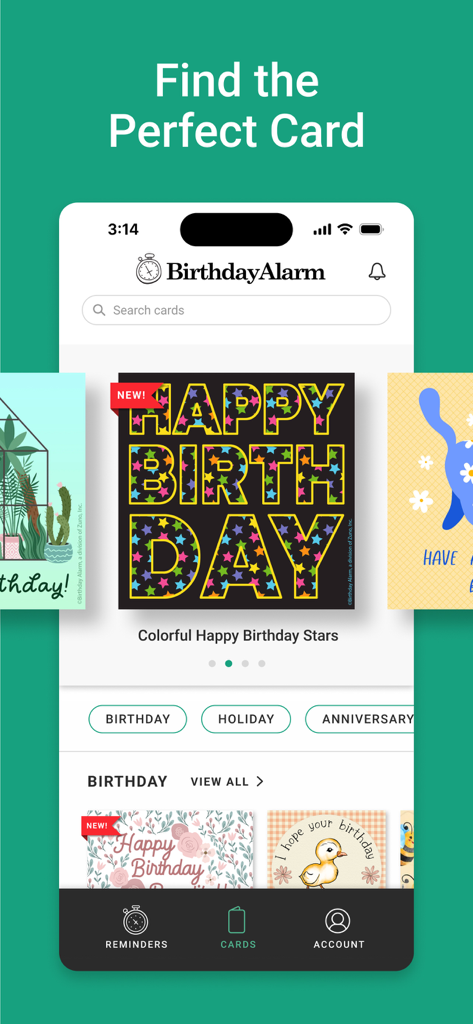 BirthdayAlarm: Reminders Cards - Interface of the BirthdayAlarm app displaying diverse digital greeting card designs.
