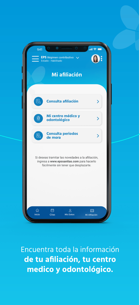 EPS Sanitas mobile app screen showing options for affiliation consultation and medical center information