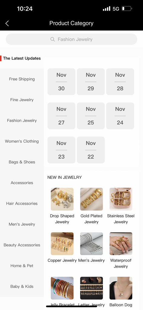 Asujewelry-wholesalejewelry - AsuJewelry app interface showing various jewelry categories and latest product updates.