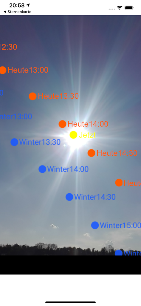 Augmented reality view showing sun path with time markers for today and winter season