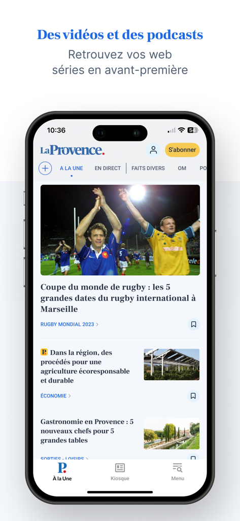 La Provence : actu en direct - Interface of the La Provence news app featuring local news articles about sports and regional culture.