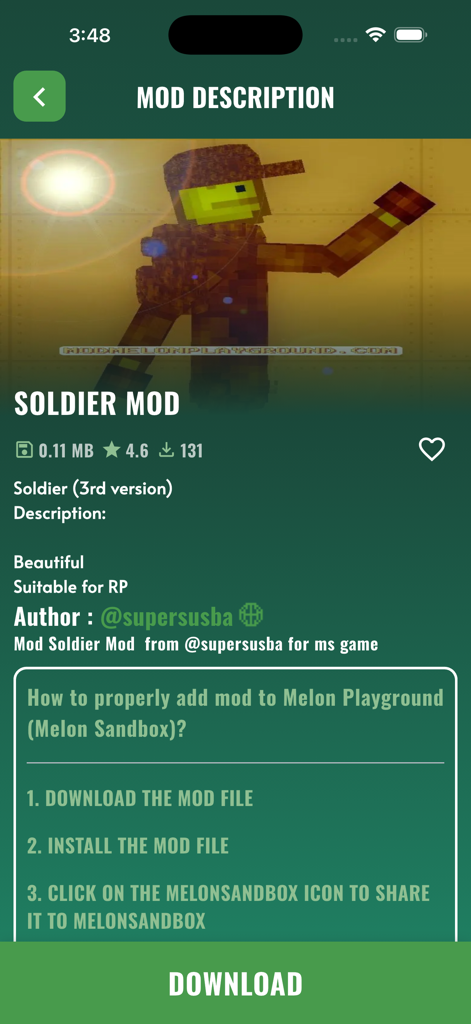 Mods for melon PG! - Soldier mod description and download screen in the Mods for melon PG app