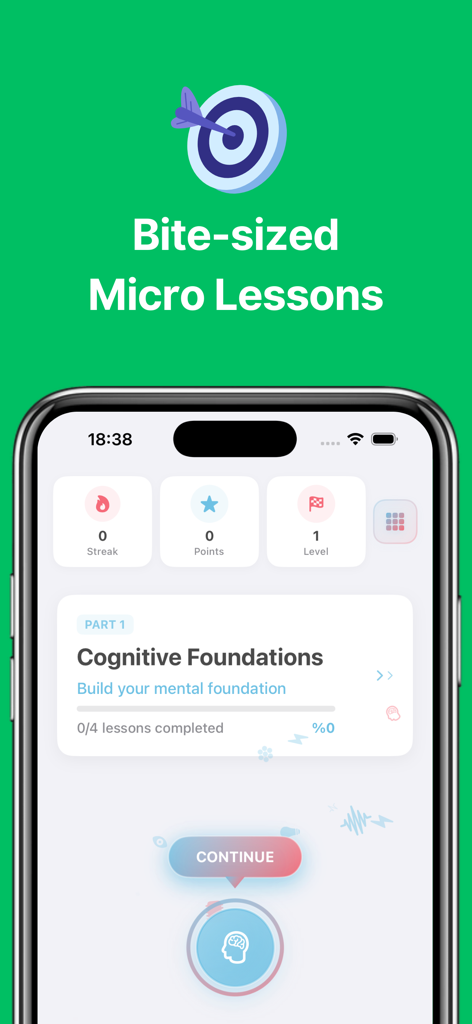 BrainFit Logic Puzzles & Focus - Interface de l'application BrainFit montrant des micro-leçons concises et un tableau de bord des fondements cognitifs avec des statistiques de séquence et de niveau