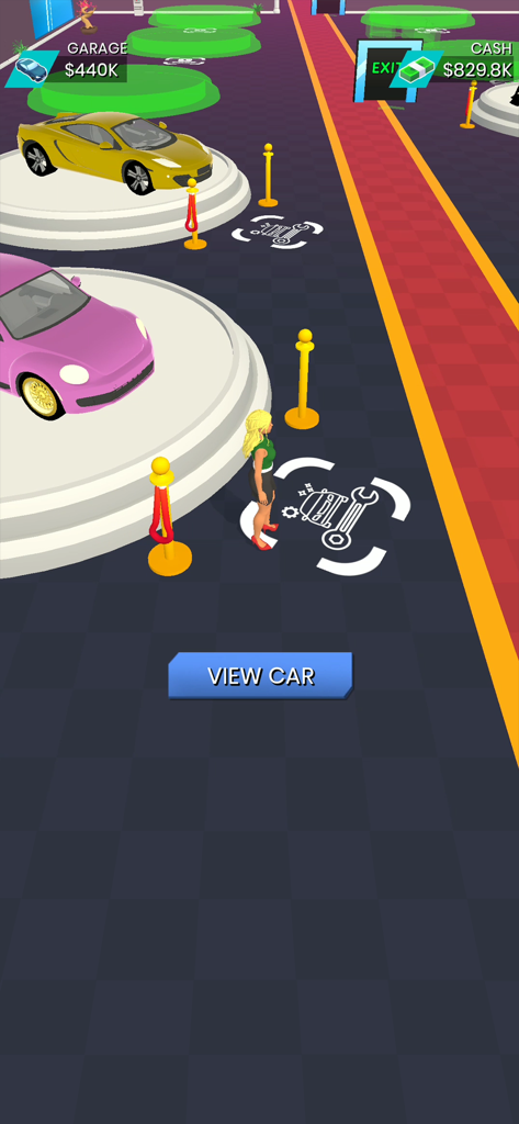 Steering Wheel Evolution - A digital garage in Steering Wheel Evolution showing a collection of luxury cars on display platforms