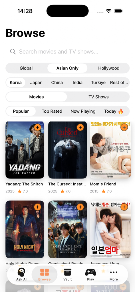 The browse interface of the Kiss AI app displaying a grid of Asian movie posters and regional filters