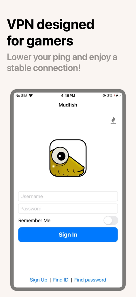 Interfaz de inicio de sesión de Mudfish VPN para jugadores que muestra el logo de la aplicación y los campos de inicio de sesión.