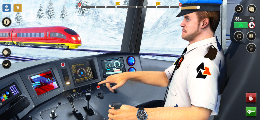 Train Games: Train Simulator - First person cockpit view of a train simulator game with a driver and snowy landscape