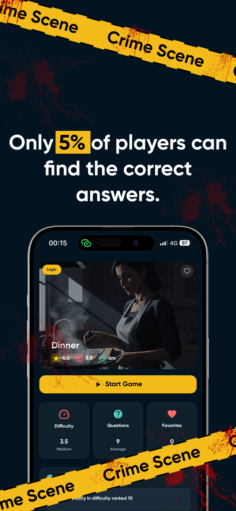 What Happened? Be a detective! - 통계와 함께하는 저녁 식사라는 논리 퍼즐과 시작 버튼이 표시된 탐정 미스터리 게임 화면