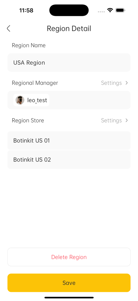 Botinkit - Screen showing region details for managing US stores in the Botinkit app