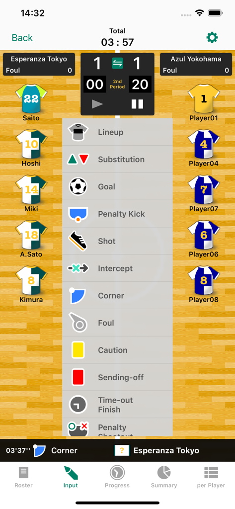 Futsal Notes app interface for recording match events like goals, fouls, and substitutions in real time.