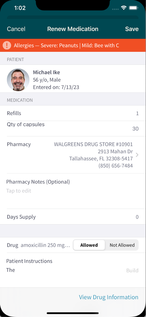 Tebra EHR app interface for renewing a medication showing patient details and allergy alerts