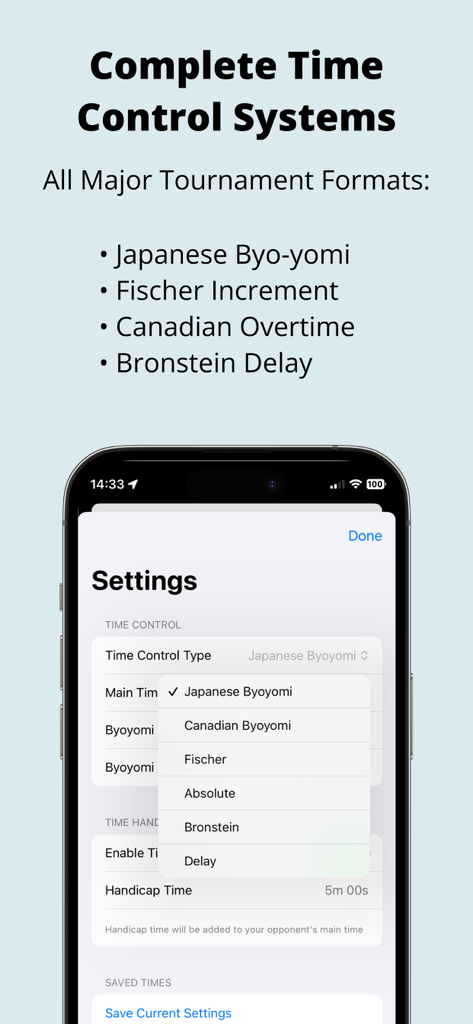 Game Clock Pro - Settings screen of Game Clock Pro showing tournament time control options like Byoyomi and Fischer