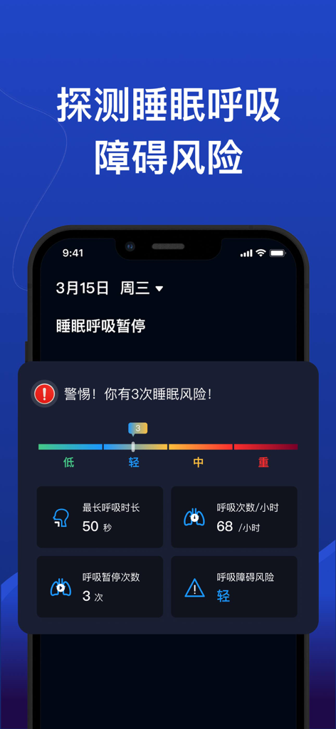 熊猫睡眠 -睡眠白噪音提升冥想专注放松助眠减压 - A mobile interface of Panda Sleep app showing a detailed sleep breathing disorder risk report with metrics for respiratory pauses and frequency in Simplified Chinese.