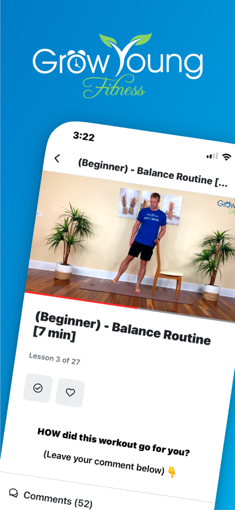 Grow Young Fitness - Grow Young Fitness app screen displaying a 7-minute beginner balance routine using a chair for support.