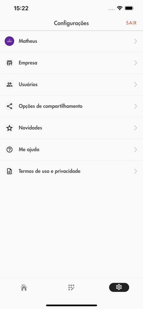 Vesti Vendas - Tela de configurações do aplicativo de moda B2B Vesti Vendas com opções de conta e empresa