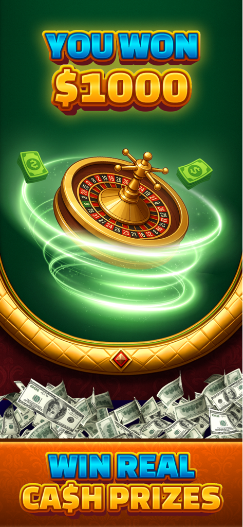 Real Money Roulette & Slots - Real money roulette game screen showing a win of one thousand dollars and cash prizes