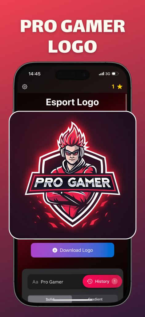 A mobile app interface displaying a generated red-haired gaming mascot logo inside a shield with Pro Gamer text
