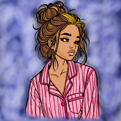 realistic woman with pajamas on and a messy bun