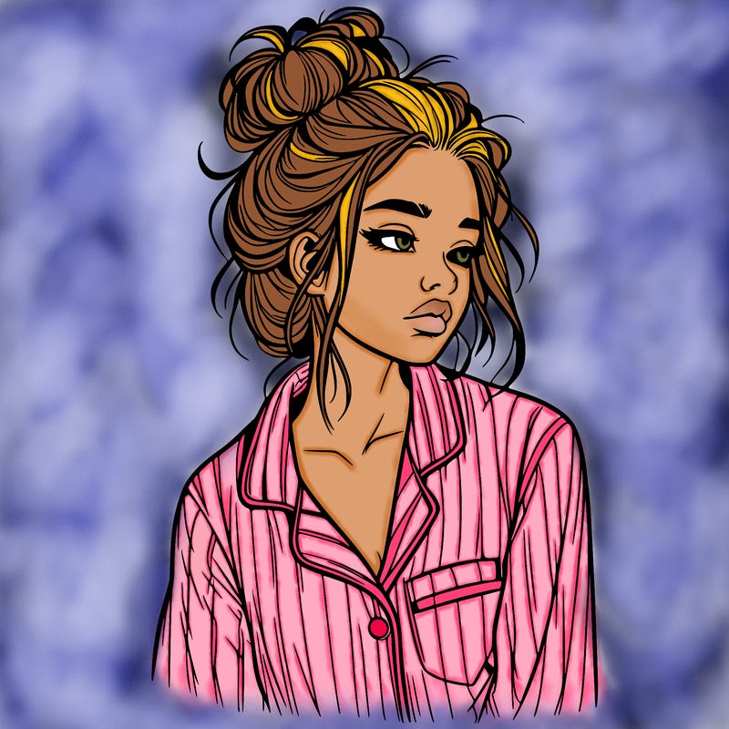 realistic woman with pajamas on and a messy bun