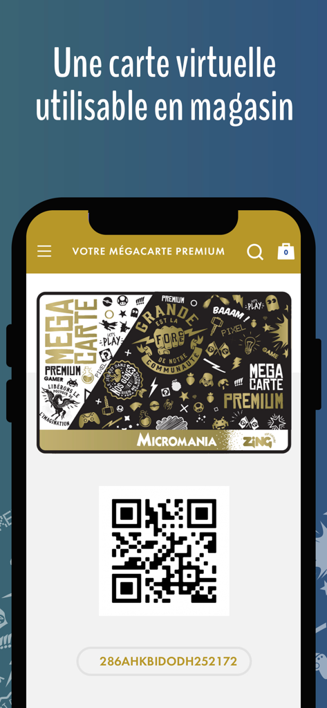 Micromania - Micromania app interface displaying a virtual Megacarte Premium with a QR code for in-store use