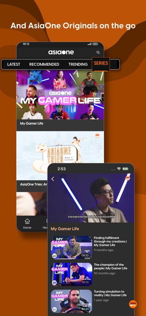Interfaccia dell'app mobile AsiaOne che mostra un elenco di serie video originali e una playlist di episodi.