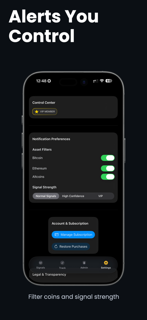 Central de controle do aplicativo Sinais de Cripto mostrando preferências de notificação para Bitcoin e Ethereum e opções de filtro de força do sinal.