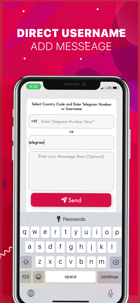 Telechat - Direct Telegram - Interface do aplicativo móvel Telechat mostrando a opção de enviar mensagens diretas inserindo um nome de usuário ou número de telefone do Telegram sem salvá-lo como contato