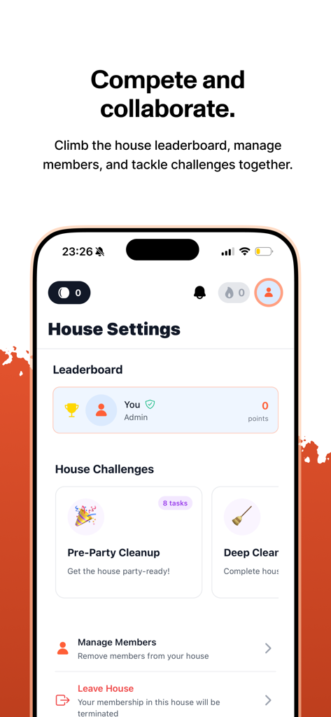 Howe app interface showing the house settings leaderboard and cleaning challenges