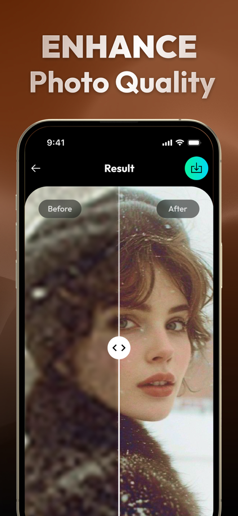 Clear Photos - Image Clearer - Comparación que muestra una foto borrosa antes y un retrato claro mejorado después de usar la aplicación