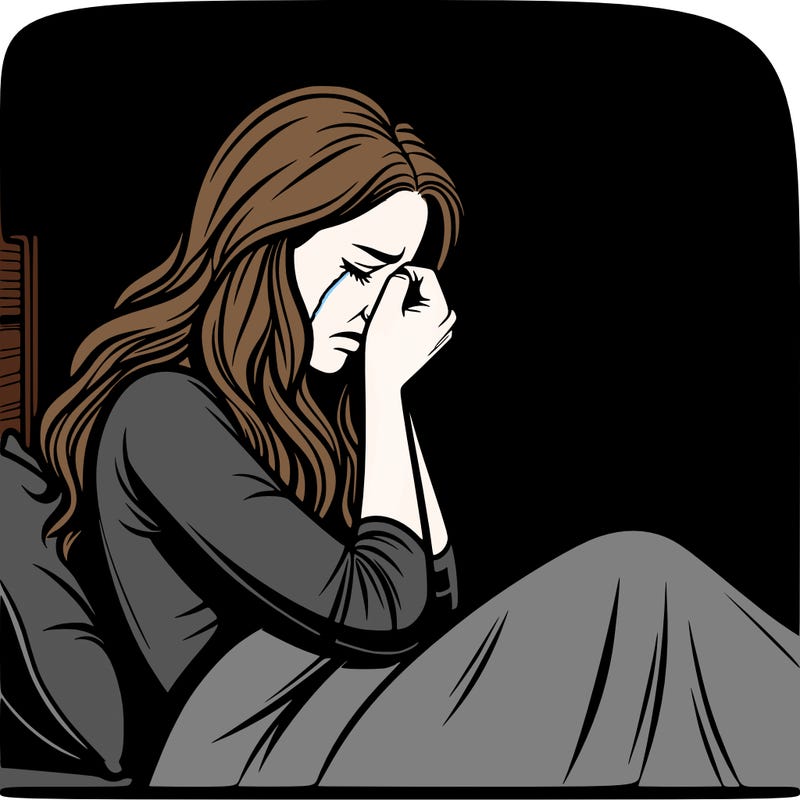 realistic woman crying in her bed in a dark room